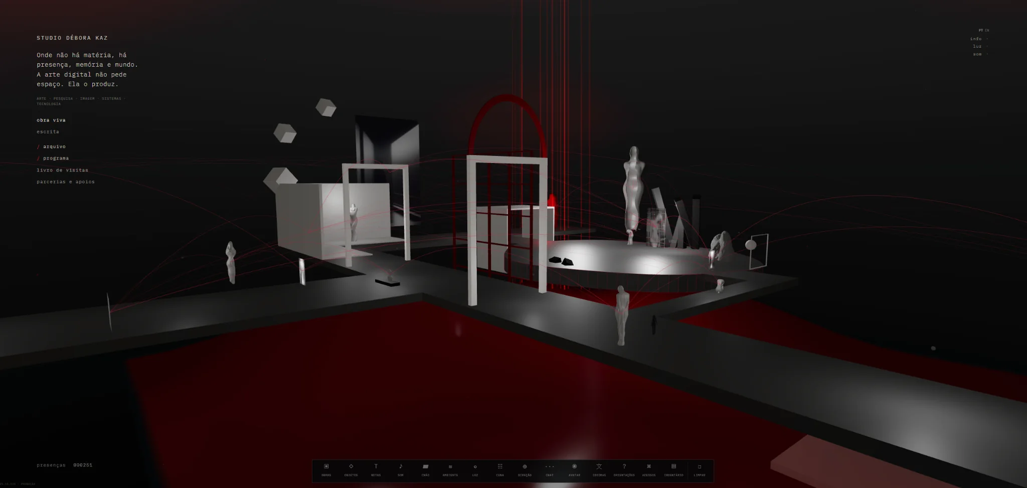 Studio Débora Kaz running in the browser, with the 3D environment and interface visible